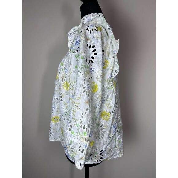 Greylin Piper Eyelet Lace Blouse Size M Ivory Yellow Floral Cotton Long Sleeve - Picture 4 of 6